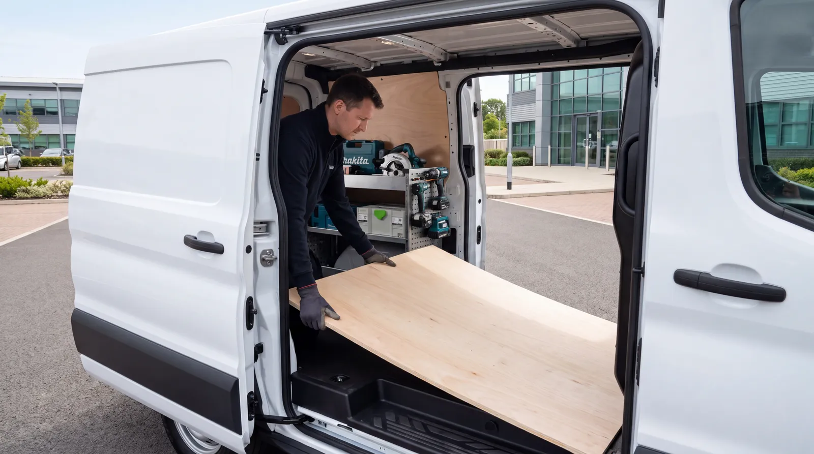 A sheet of plywood being slid flat into the load bay of a new long-wheelbase van