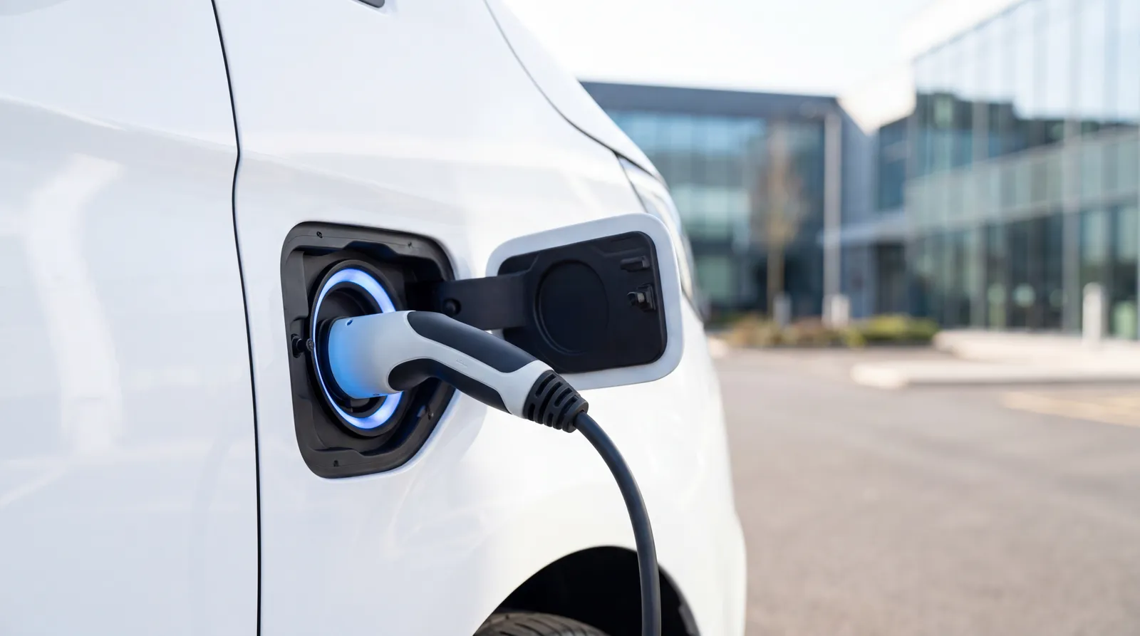 A charging cable plugged into the charge port of a new electric van