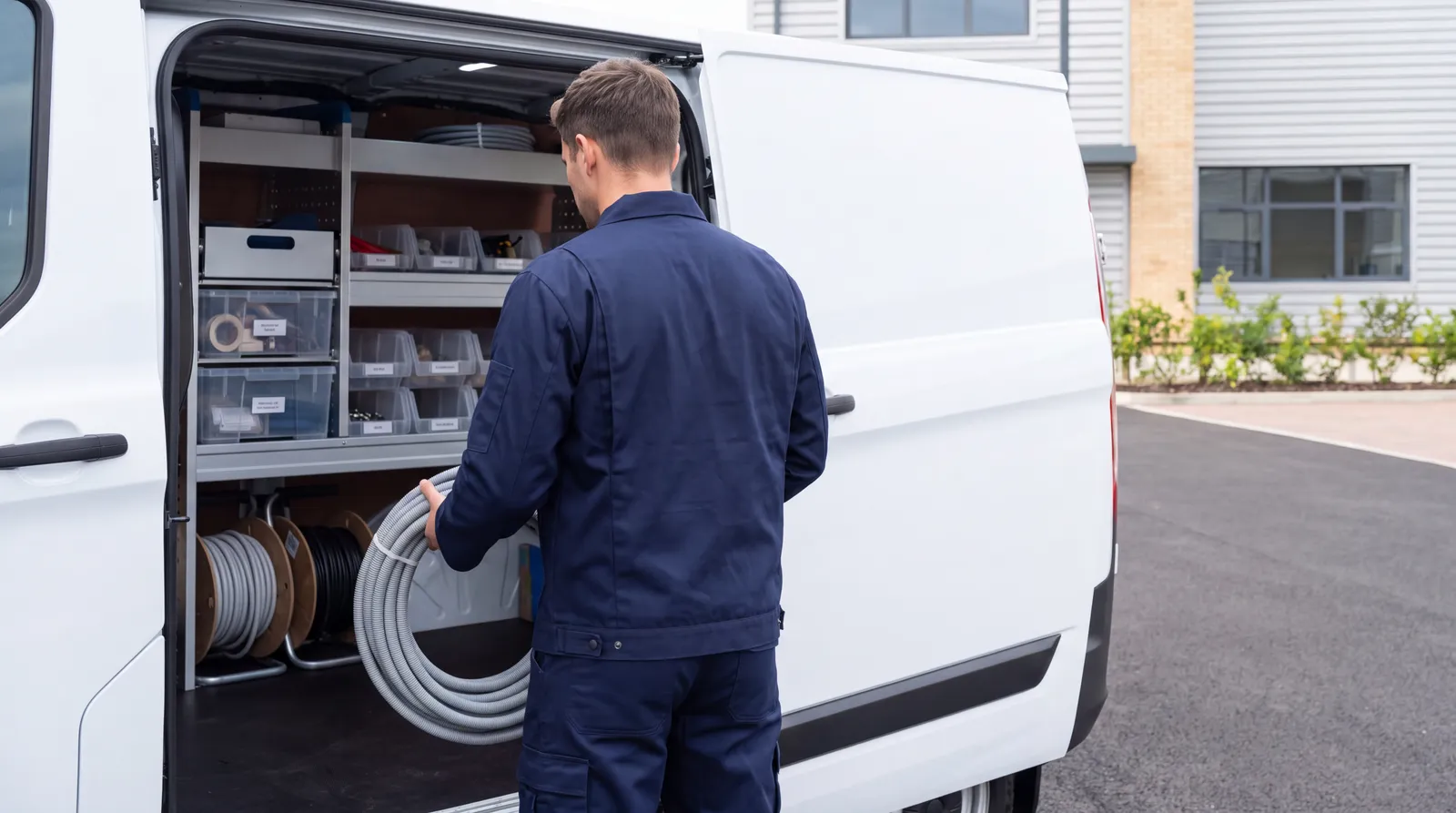 An electrician loading electrical conduit into a new van fitted with organised parts racking