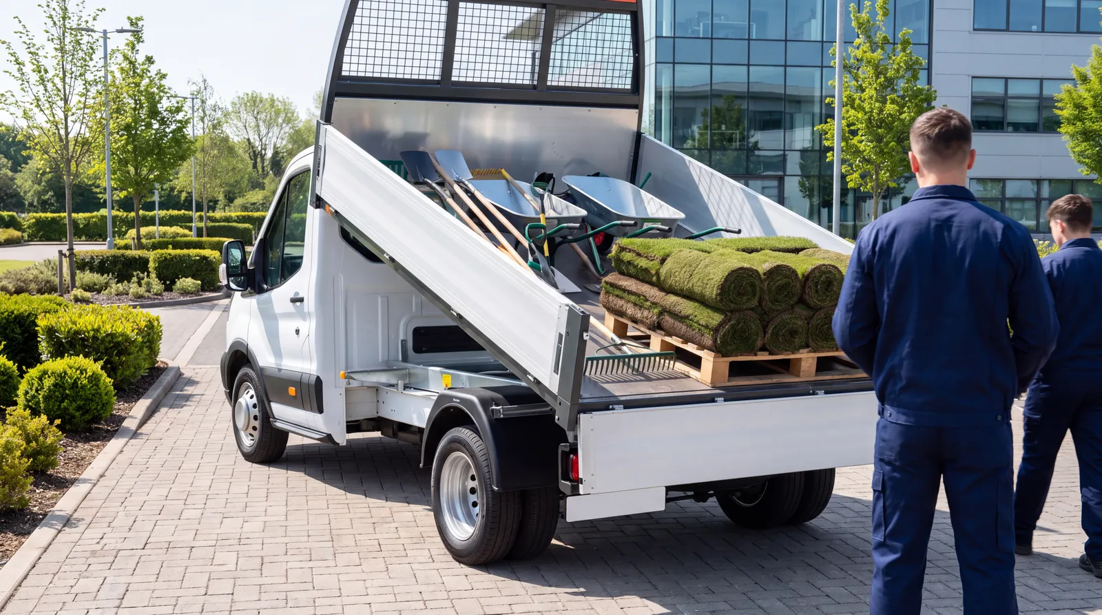 A new tipper loaded with landscaping tools and turf on a block-paved driveway
