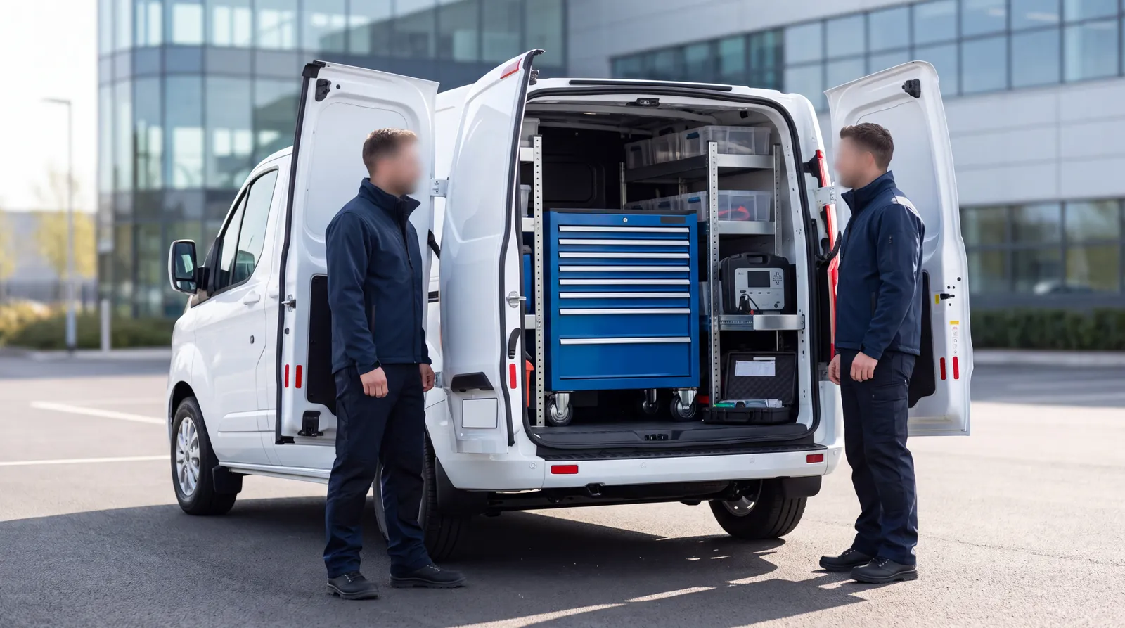 The open rear of a new van fitted out with a roller tool chest and diagnostic equipment