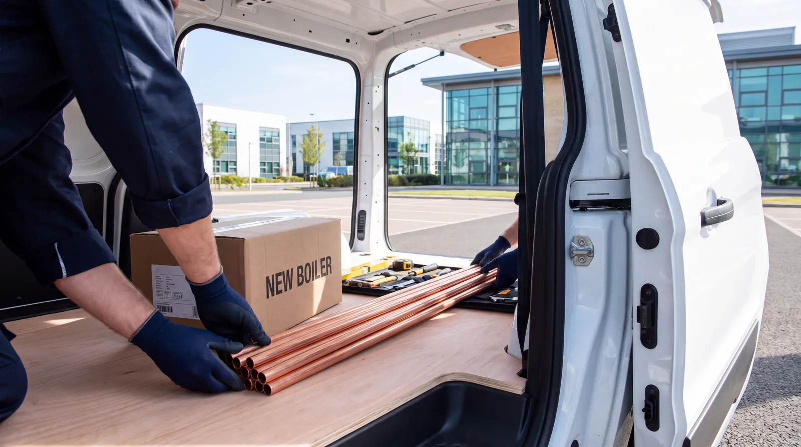 Copper pipe and a new boiler being loaded into the ply-lined load bay of a new van