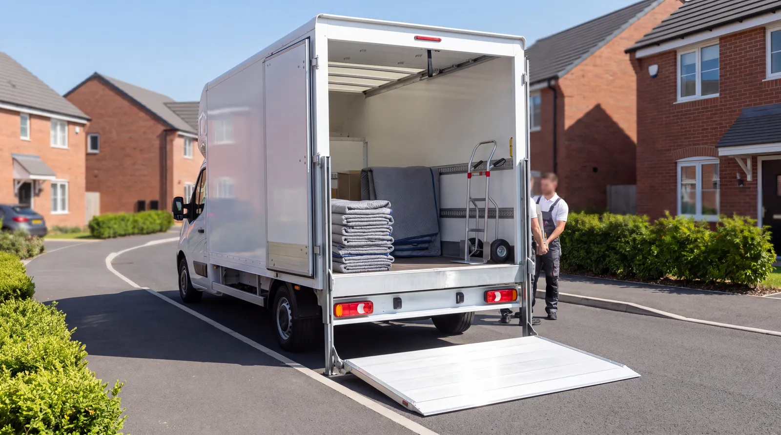 A new box van with its tail lift lowered, furniture blankets and a sack truck ready