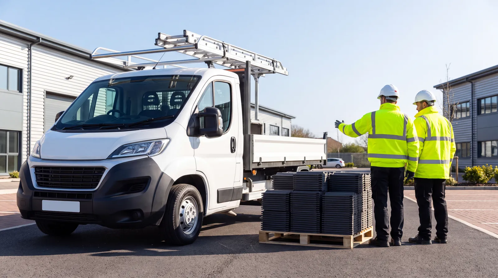 Roof tiles stacked on a pallet beside a new tipper with ladders on the roof rack