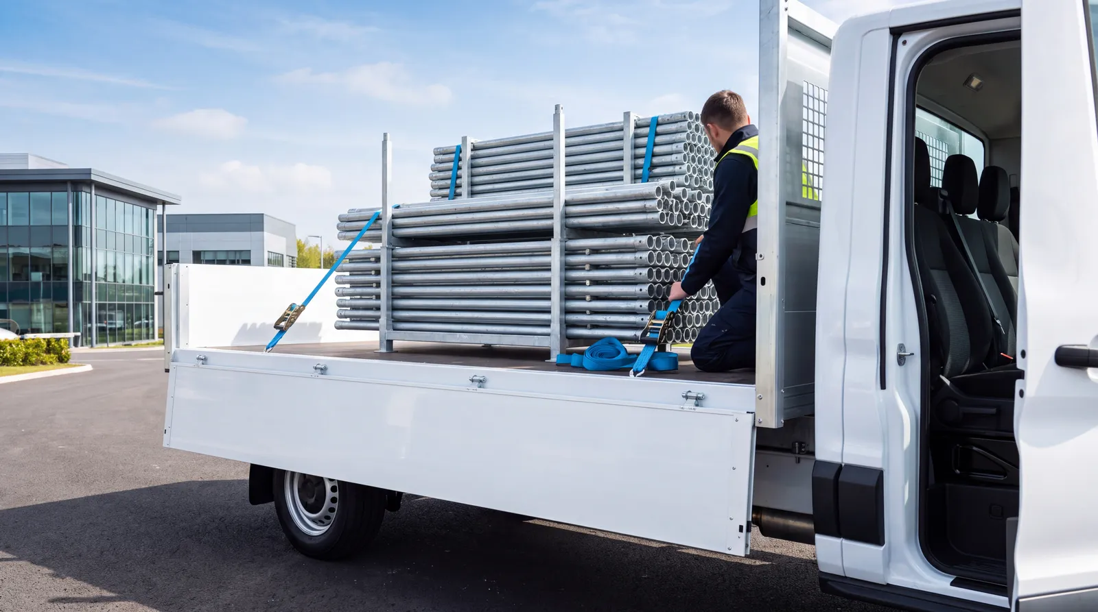 Galvanised scaffold tube stacked on the flat bed of a new dropside truck