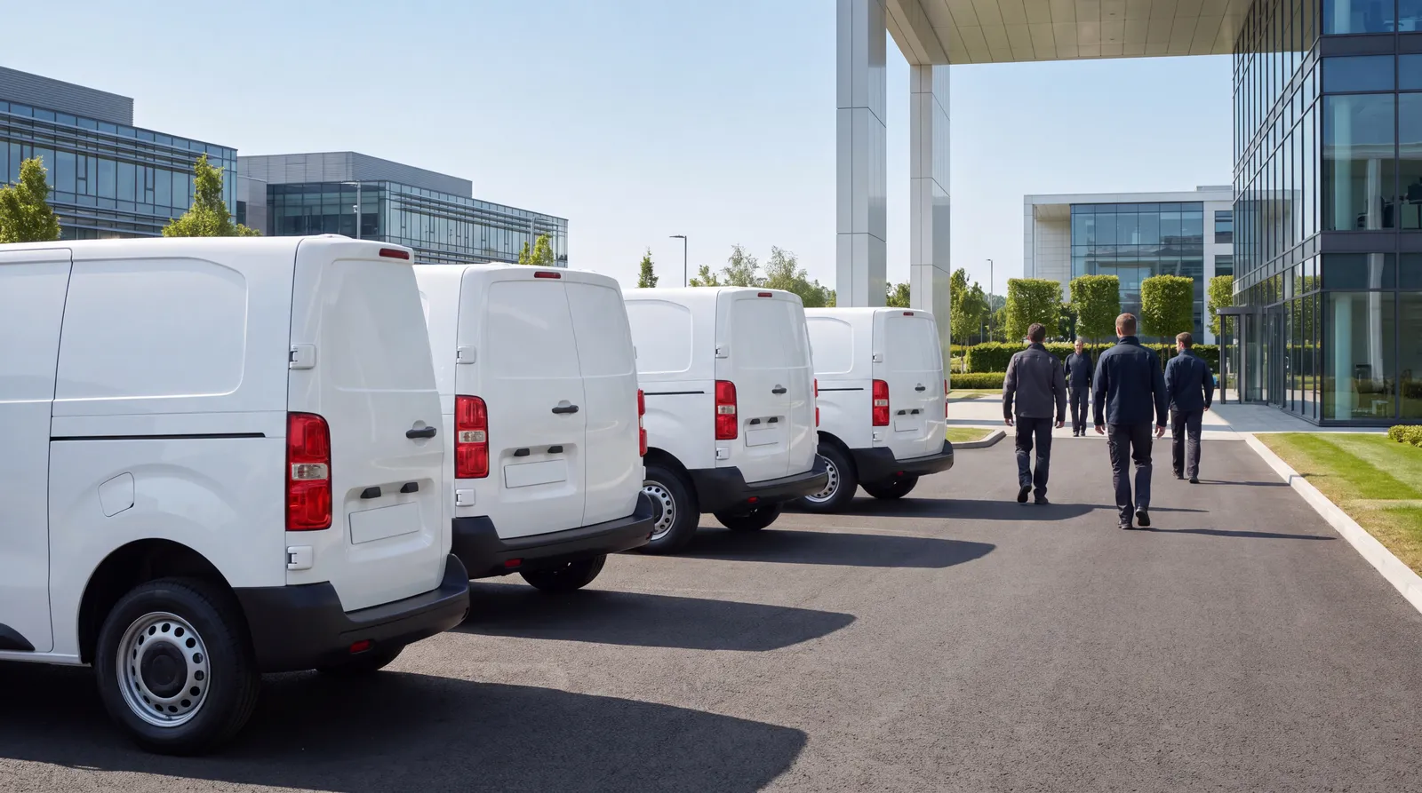 Four new vans parked in a row on clean tarmac at a business park